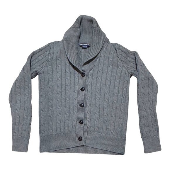 Ralph Lauren Sport Cable Knit Shawl Collar Cardigan Sweater L Gray Cotton - Picture 1 of 4